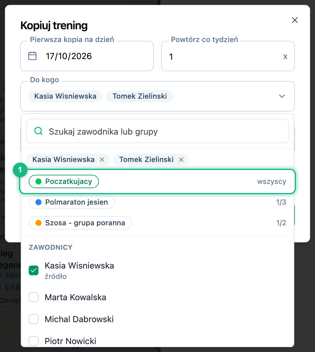 Okno Kopiuj trening z rozwiniętym polem Do kogo: wybrana grupa i lista zawodników