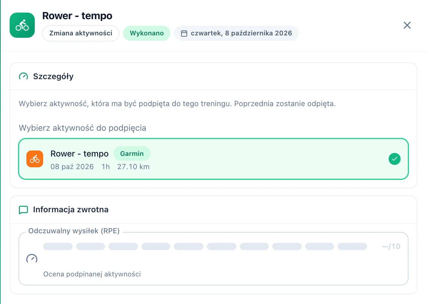 Panel treningu w trybie zmiany aktywności z listą do podpięcia, zaznaczoną obecną aktywnością i polem oceny wysiłku RPE
