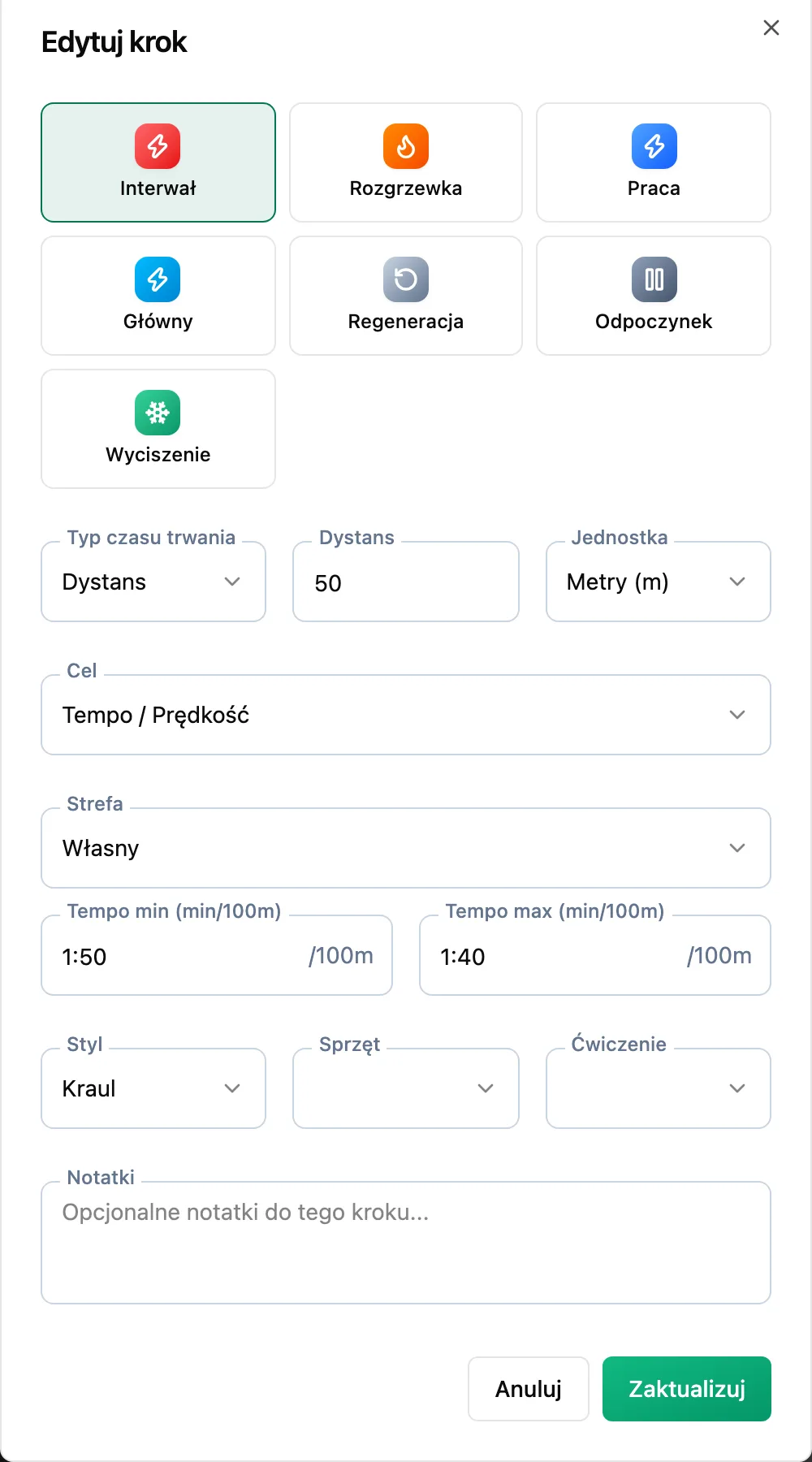 Okno Edytuj krok w treningu pływackim z dystansem 50 metrów, tempem od 1:50 do 1:40 na 100 metrów i stylem Kraul