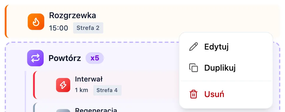 Otwarte menu kroku rozgrzewki z pozycjami Edytuj, Duplikuj i Usuń