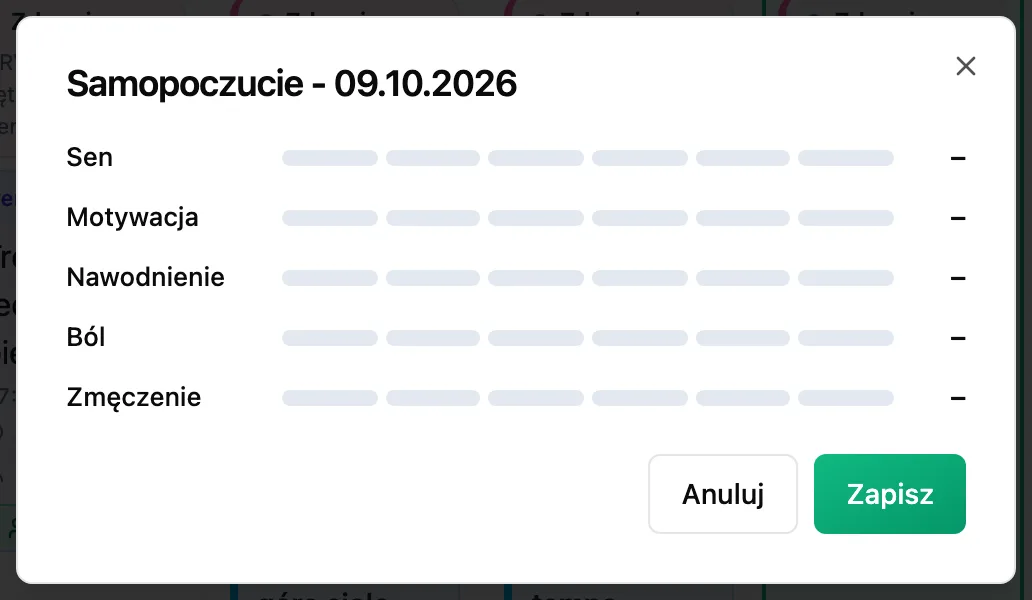 Okno Samopoczucie z dzisiejszą datą i polami Sen, Motywacja, Nawodnienie, Ból i Zmęczenie do oceny