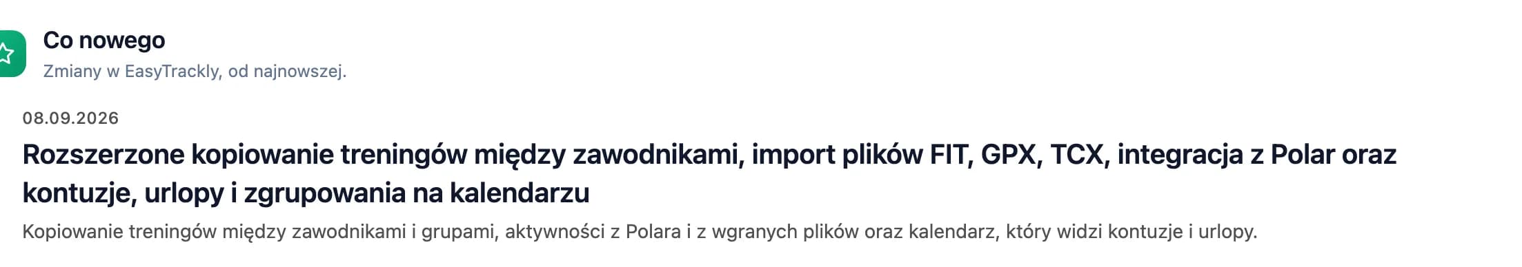 Strona Co nowego z nagłówkiem karty i najnowszym wydaniem: data, tytuł i zdanie podsumowania