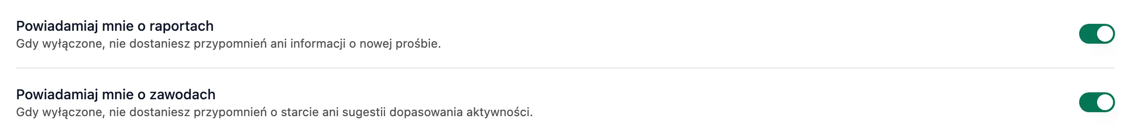 Przełączniki Powiadamiaj mnie o raportach i Powiadamiaj mnie o zawodach w zakładce Ustawienia