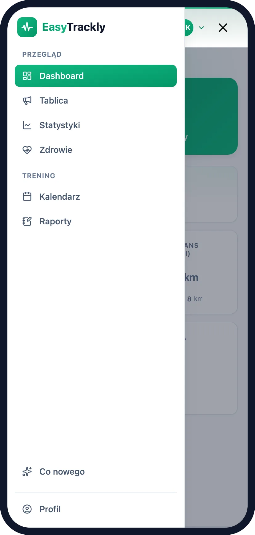 Rozwinięte menu boczne zawodnika na telefonie z grupami Przegląd i Trening