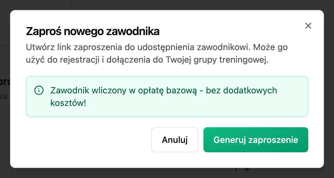 Okno Zaproś nowego zawodnika z przyciskami Anuluj i Generuj zaproszenie