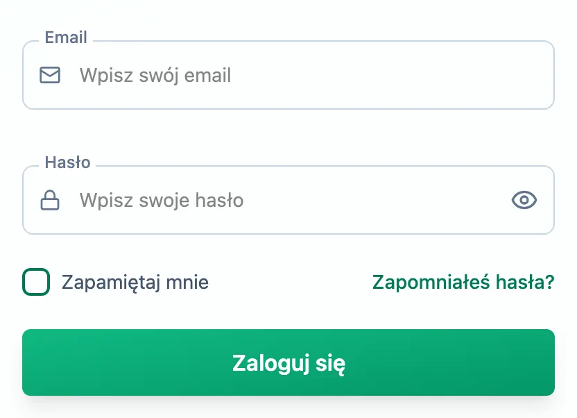 Formularz logowania z polami e-maila i hasła, polem Zapamiętaj mnie i linkiem do przypomnienia hasła