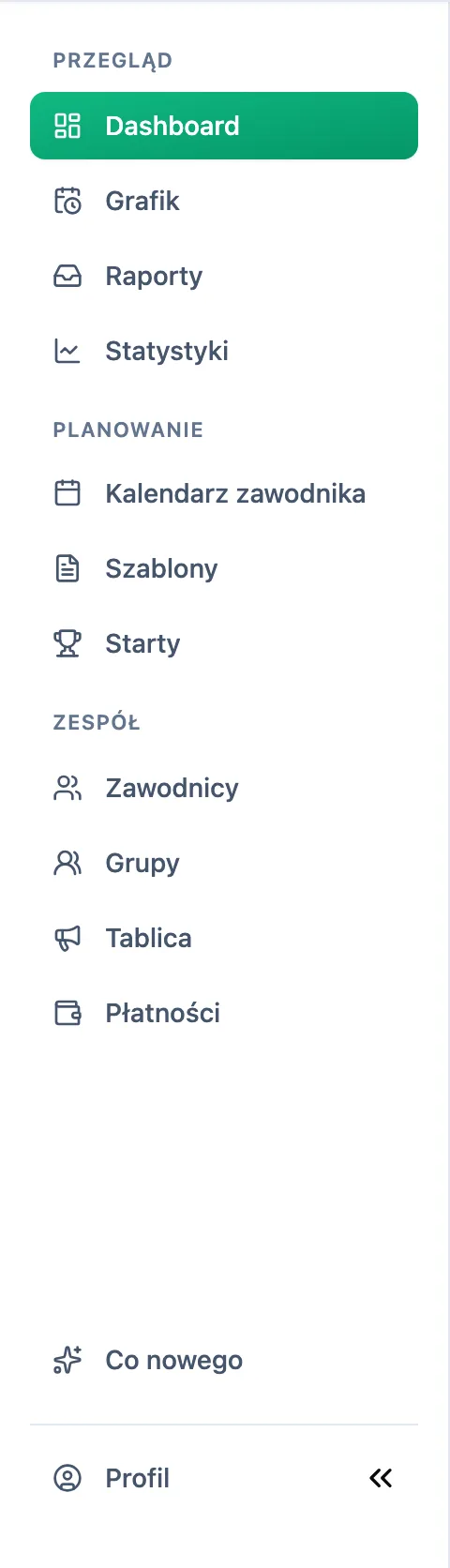 Menu boczne trenera z grupami Przegląd, Planowanie i Zespół oraz pozycjami Co nowego i Profil na dole