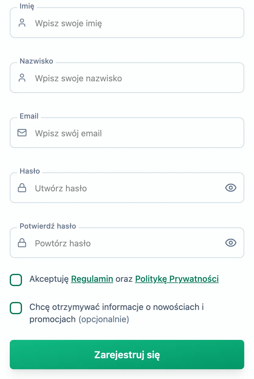 Formularz rejestracji trenera z polami imienia, nazwiska, e-maila i hasła oraz dwoma polami zgód