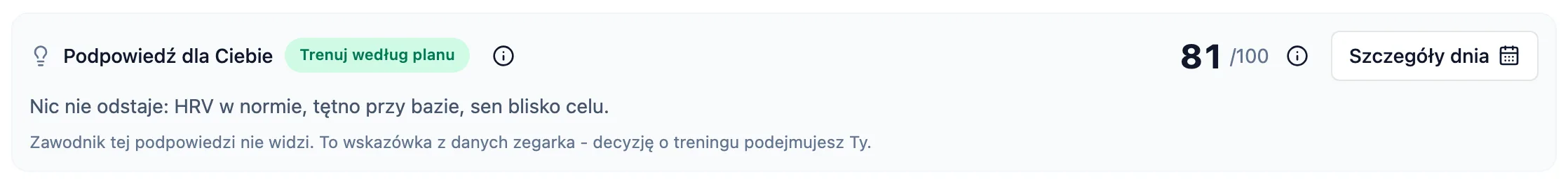 Ramka Podpowiedź dla Ciebie na stronie zdrowia zawodnika u trenera z decyzją dnia, wynikiem i powodami