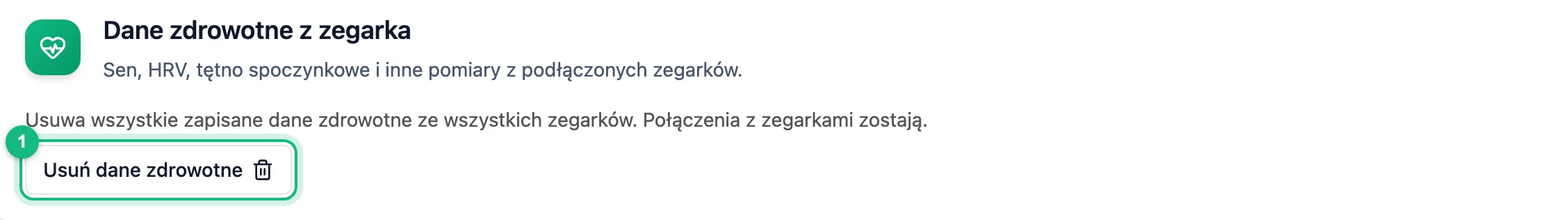Sekcja Dane zdrowotne z zegarka w ustawieniach profilu z przyciskiem Usuń dane zdrowotne