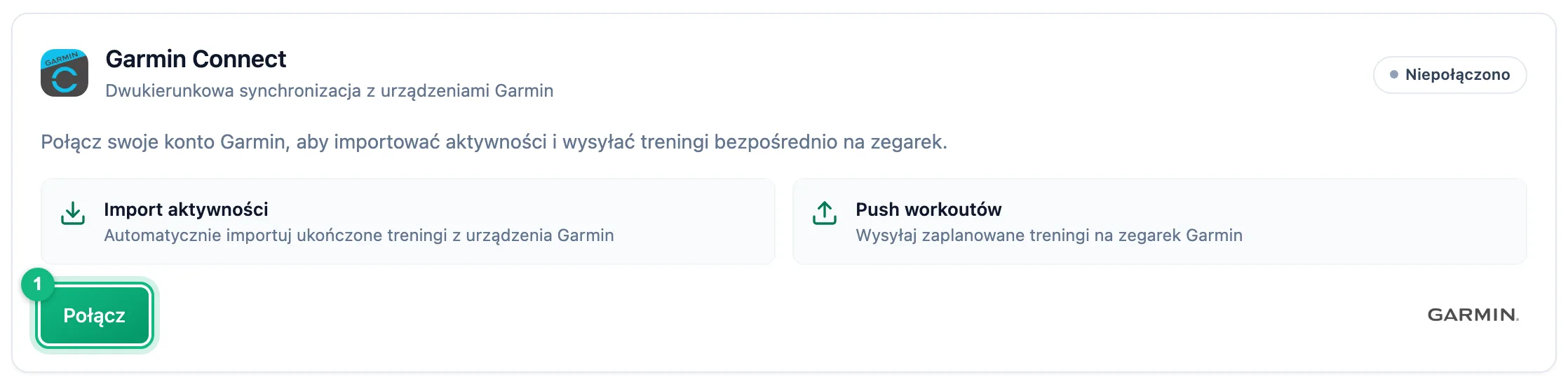Karta Garmin Connect w zakładce Integracje ze statusem Niepołączono i przyciskiem Połącz
