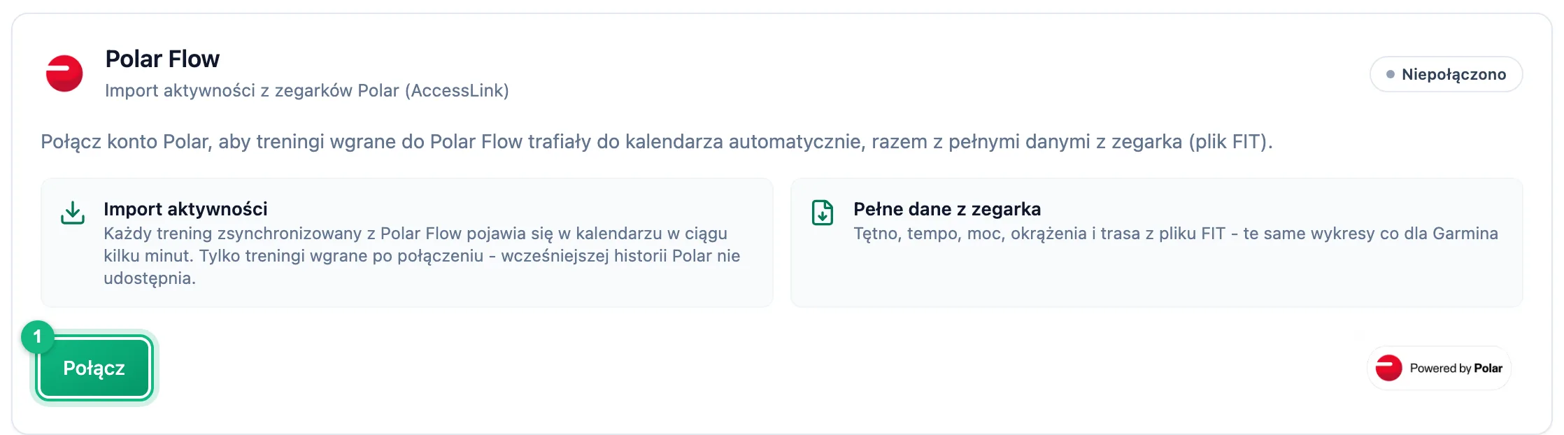 Karta Polar Flow w zakładce Integracje ze statusem Niepołączono, opisem importu aktywności i pełnych danych z zegarka oraz przyciskiem Połącz