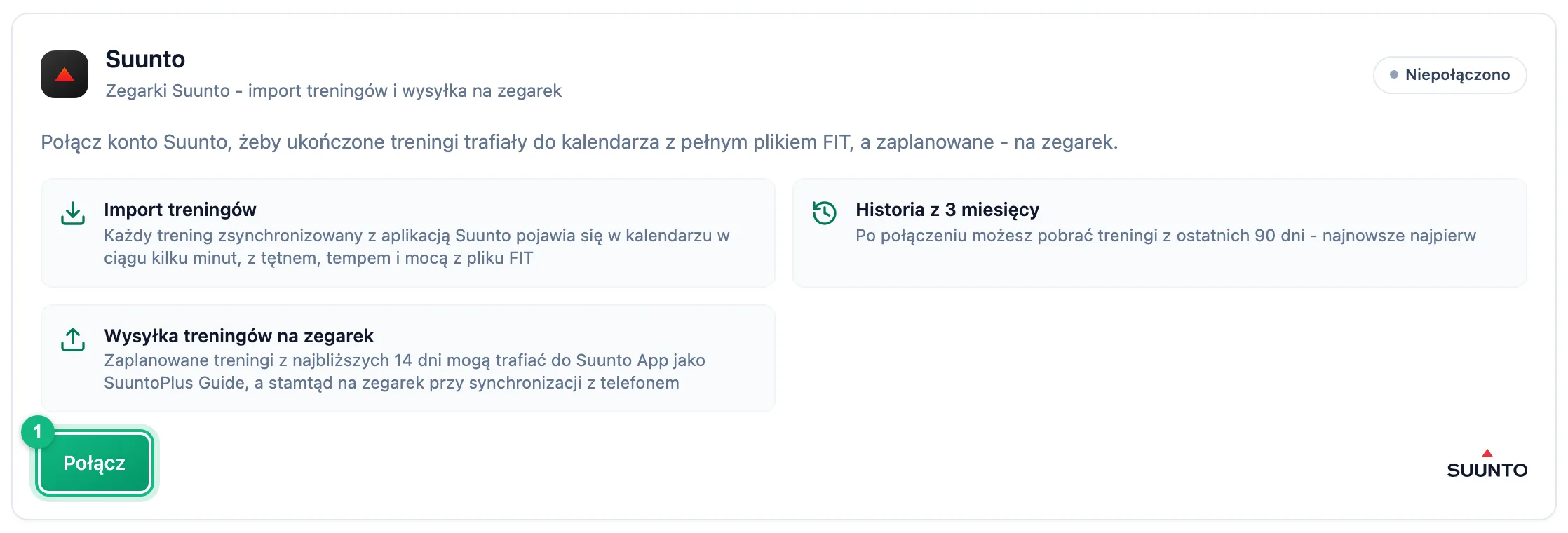 Karta Suunto w zakładce Integracje ze statusem Niepołączono, opisem importu treningów i historii z 3 miesięcy oraz przyciskiem Połącz