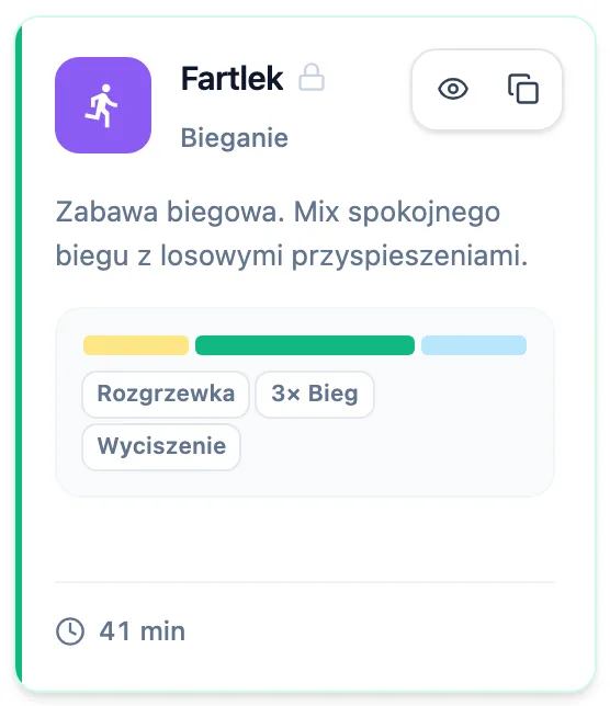 Karta szablonu systemowego z kłódką przy nazwie oraz przyciskami podglądu i duplikowania po najechaniu