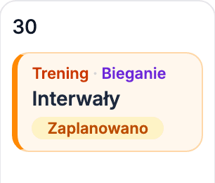 Komórka dnia w kalendarzu z kartą treningu biegowego Interwały i etykietą Zaplanowano