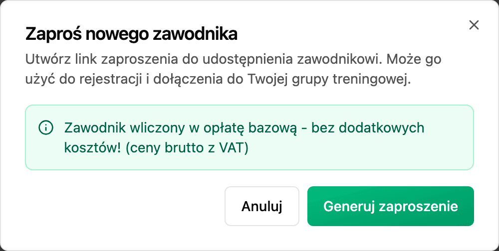 Okno Zaproś nowego zawodnika z przyciskiem Generuj zaproszenie