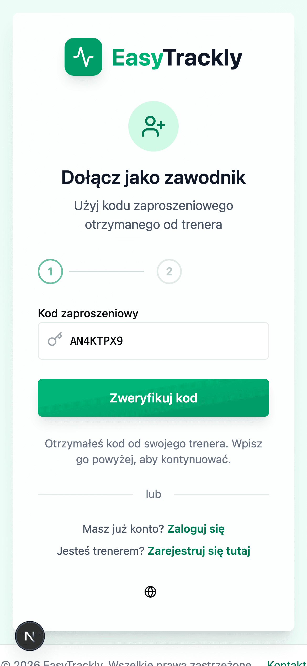 Ekran rejestracji zawodnika na telefonie z wpisanym kodem i przyciskiem Zweryfikuj kod