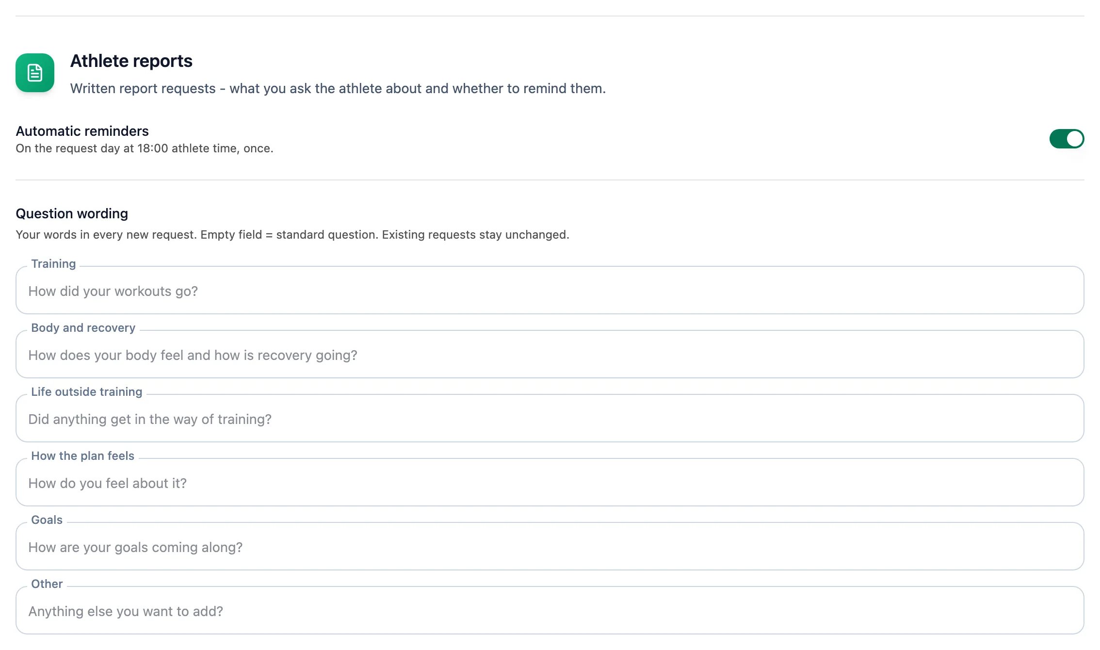 The Athlete reports section with the Automatic reminders switch and a Question wording field for each part of the report