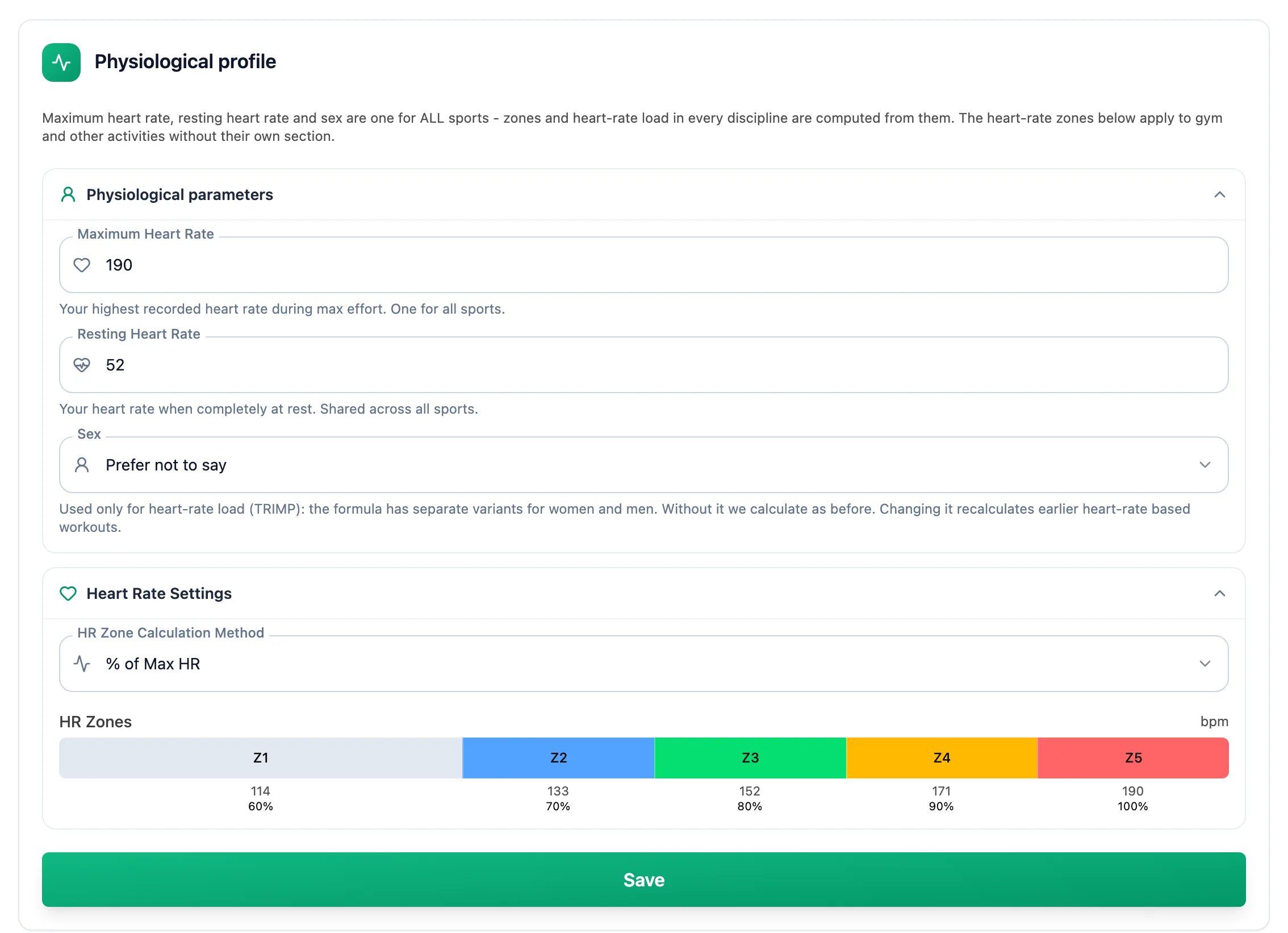 Physiological profile card with maximum heart rate, resting heart rate and sex fields, the heart rate zone method, a preview of five zones and the Save button