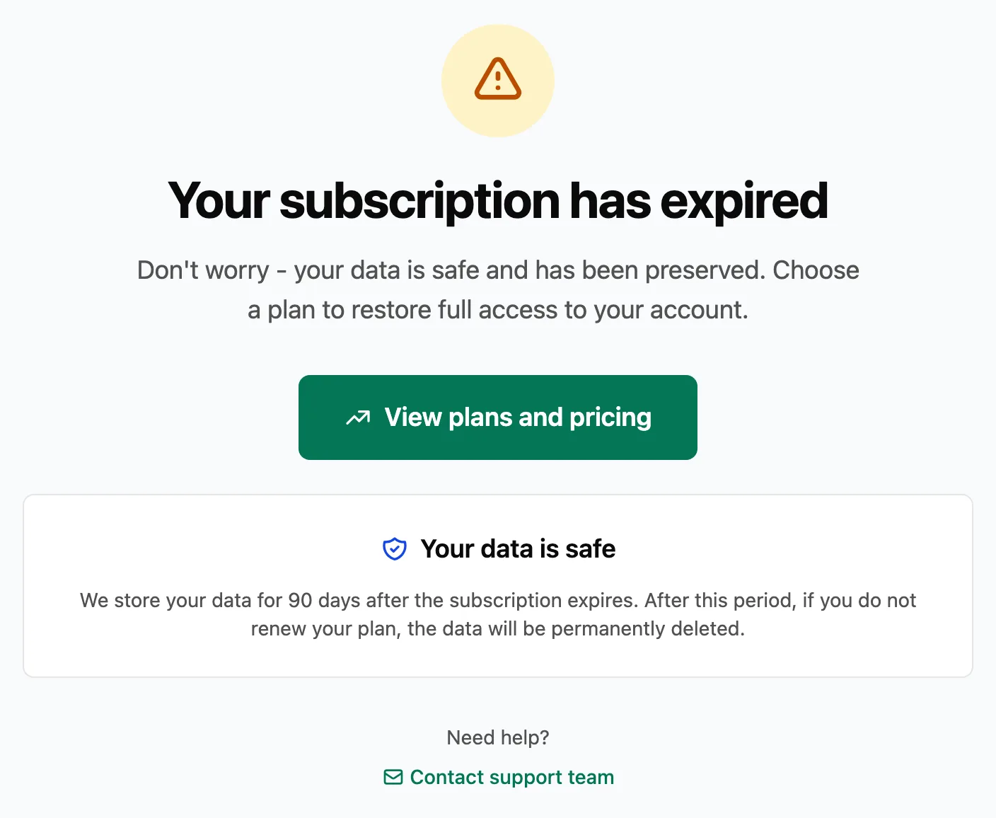 Expired subscription screen with a View plans and pricing button, a note on data safety and a support link