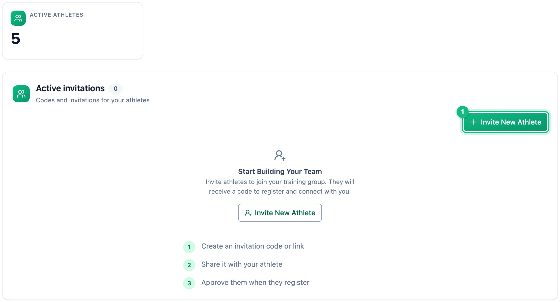 Invitations tab in the coach profile with active codes and the Invite New Athlete button