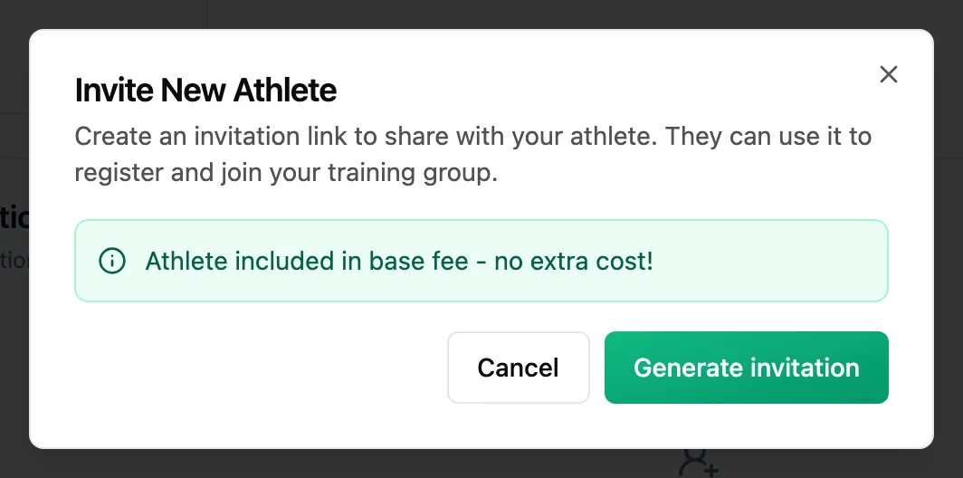 Invite New Athlete window with Cancel and Generate invitation buttons