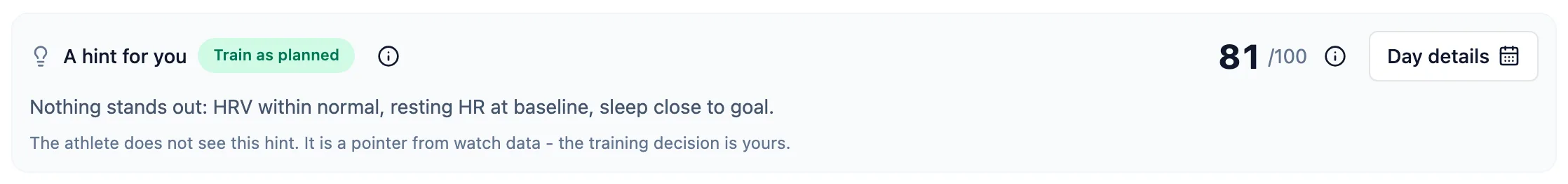 Hint for you box on the athlete health page for the trainer, with the decision of the day, the score and the reasons