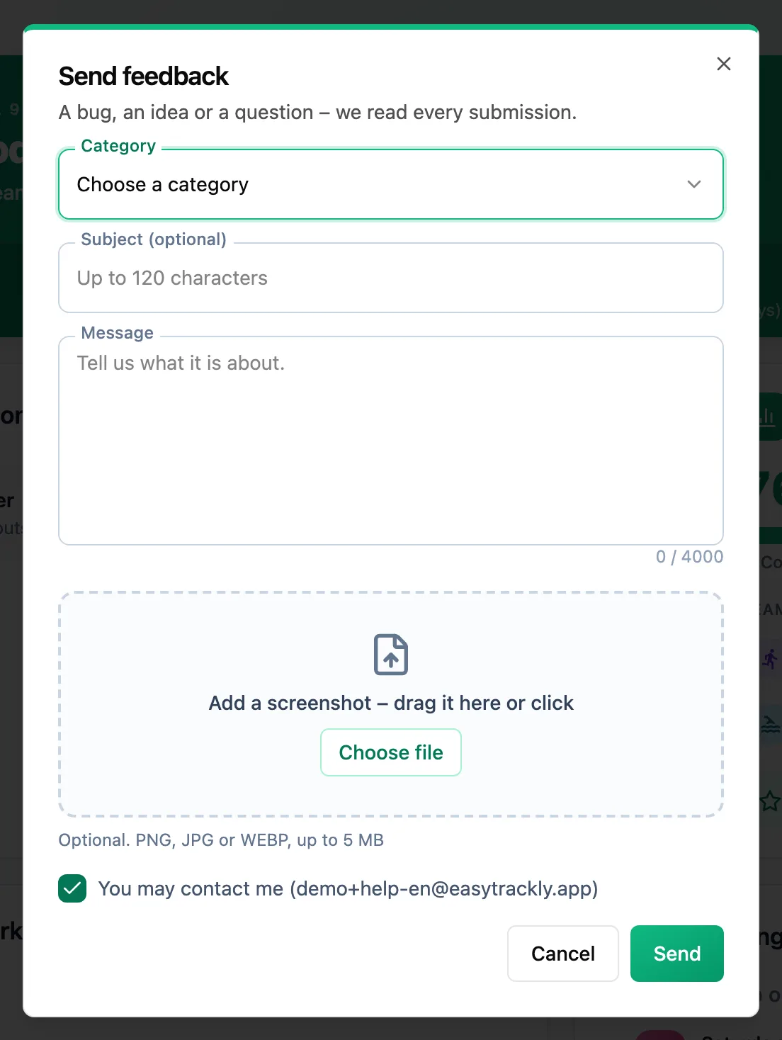 Send feedback dialog with category, subject and message fields, a screenshot drop area and a contact consent checkbox