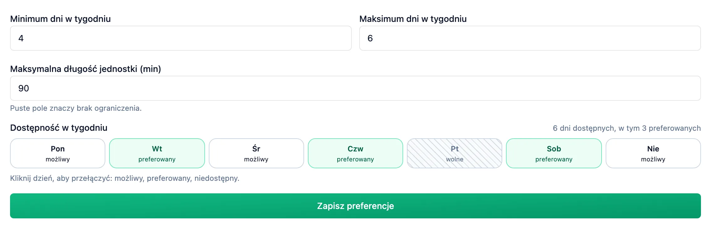 Formularz preferencji planowania z minimum i maksimum dni w tygodniu, maksymalną długością jednostki, siatką siedmiu dni i przyciskiem Zapisz preferencje