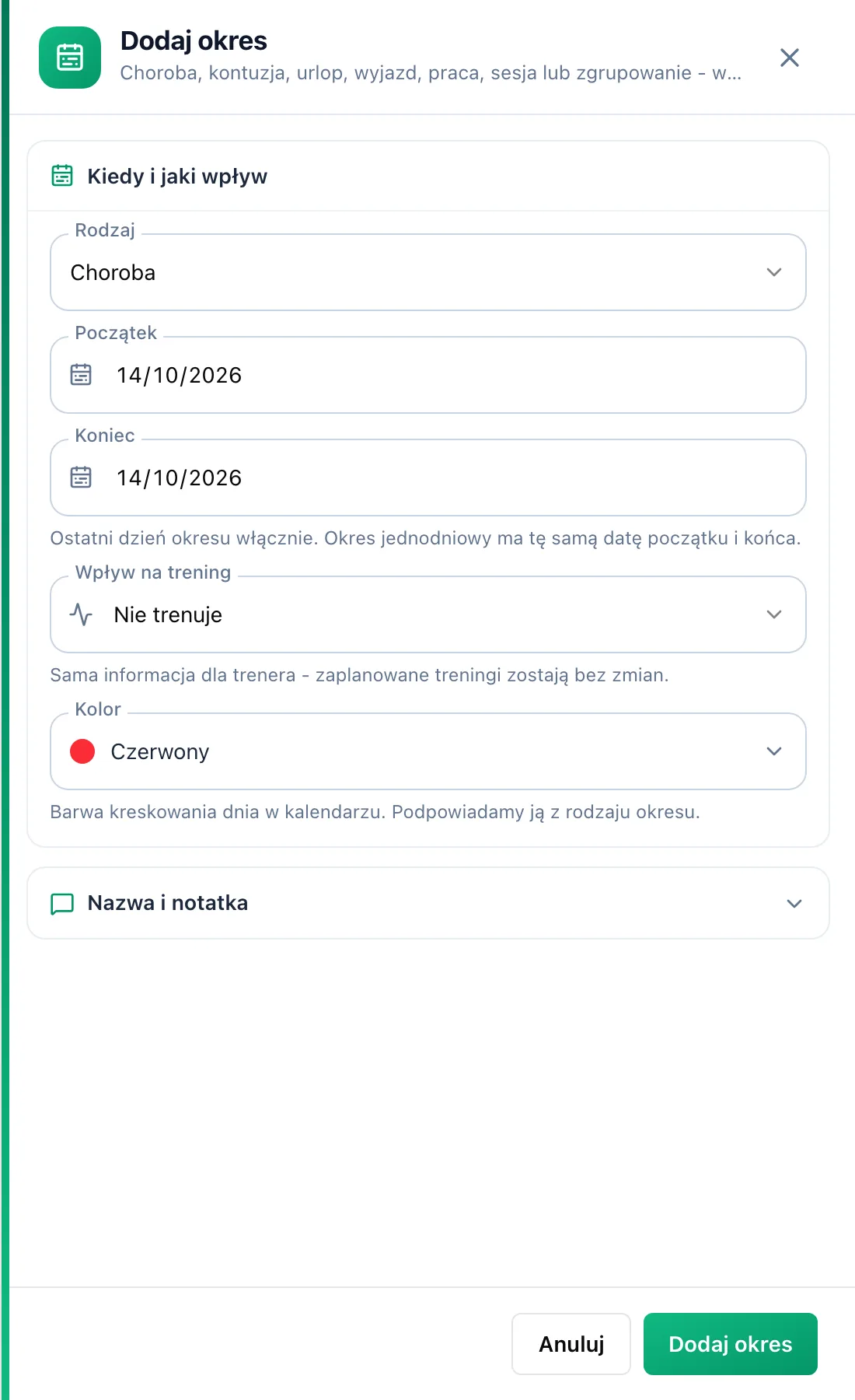 Formularz Dodaj okres z polami Rodzaj, Początek, Koniec, Wpływ na trening i Kolor oraz zwiniętą sekcją Nazwa i notatka