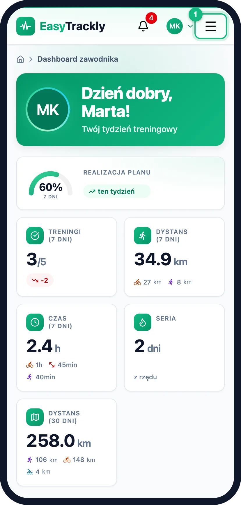 Pulpit zawodnika na telefonie z zaznaczonym przyciskiem menu w nagłówku