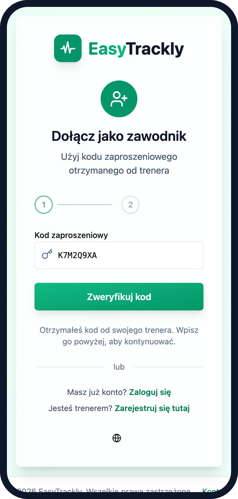Ekran Dołącz jako zawodnik na telefonie z wpisanym kodem zaproszenia i przyciskiem Zweryfikuj kod
