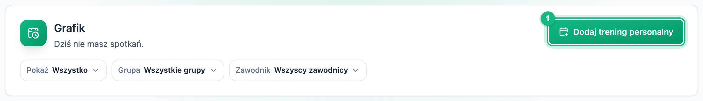 Nagłówek Grafiku z liczbą dzisiejszych spotkań, przyciskiem Dodaj trening personalny i filtrami Pokaż, Grupa i Zawodnik